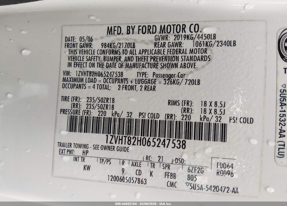 2006 FORD MUSTANG GT VIN: 1ZVHT82H065247538