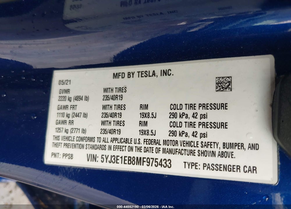 2021 TESLA MODEL 3 LONG RANGE DUAL MOTOR ALL-WHEEL DRIVE VIN: 5YJ3E1EB8MF975433