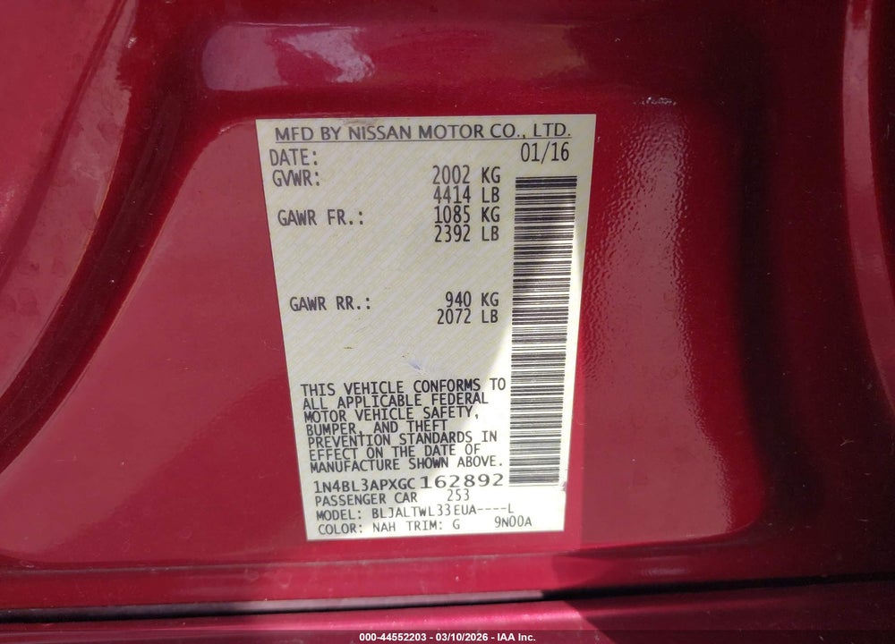 2016 NISSAN ALTIMA 3.5 SL VIN: 1N4BL3APXGC162892