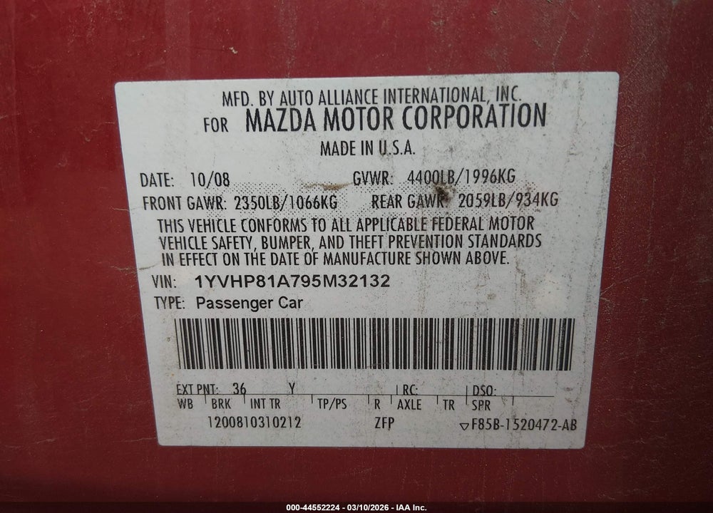2009 MAZDA 6 I SPORT VIN: 1YVHP81A795M32132