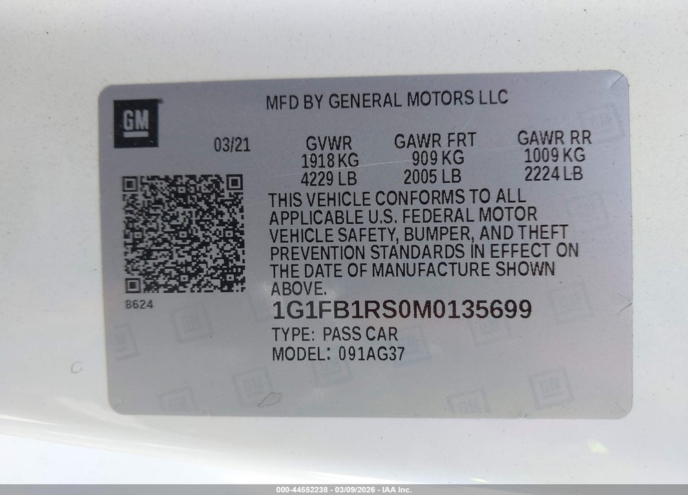 2021 CHEVROLET CAMARO RWD  1LT VIN: 1G1FB1RS0M0135699