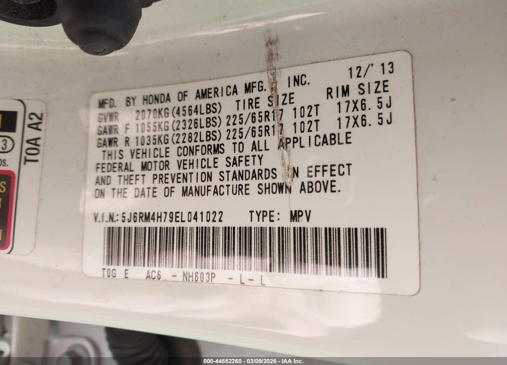 2014 HONDA CR-V EX-L VIN: 5J6RM4H79EL041022