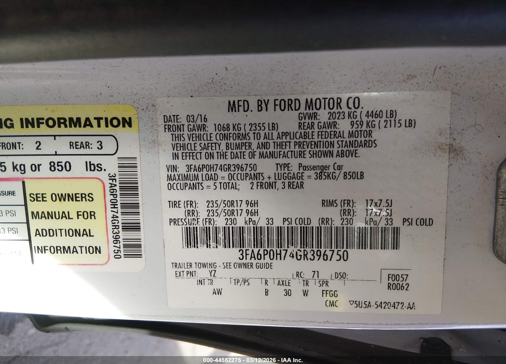 2016 FORD FUSION SE VIN: 3FA6P0H74GR396750