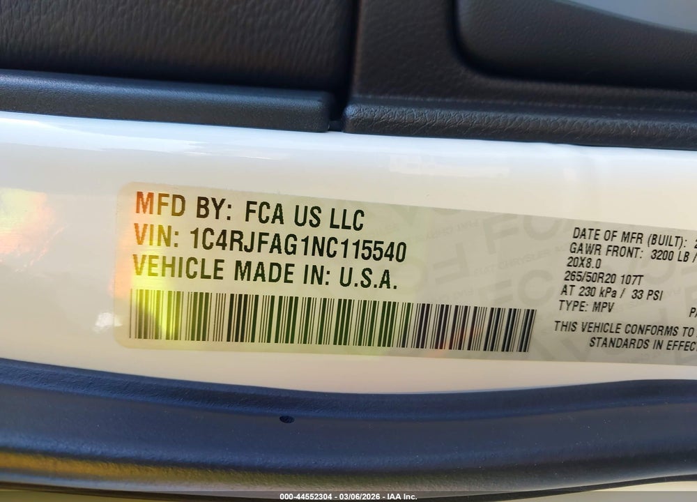 2022 JEEP GRAND CHEROKEE WK LAREDO X 4X4 VIN: 1C4RJFAG1NC115540