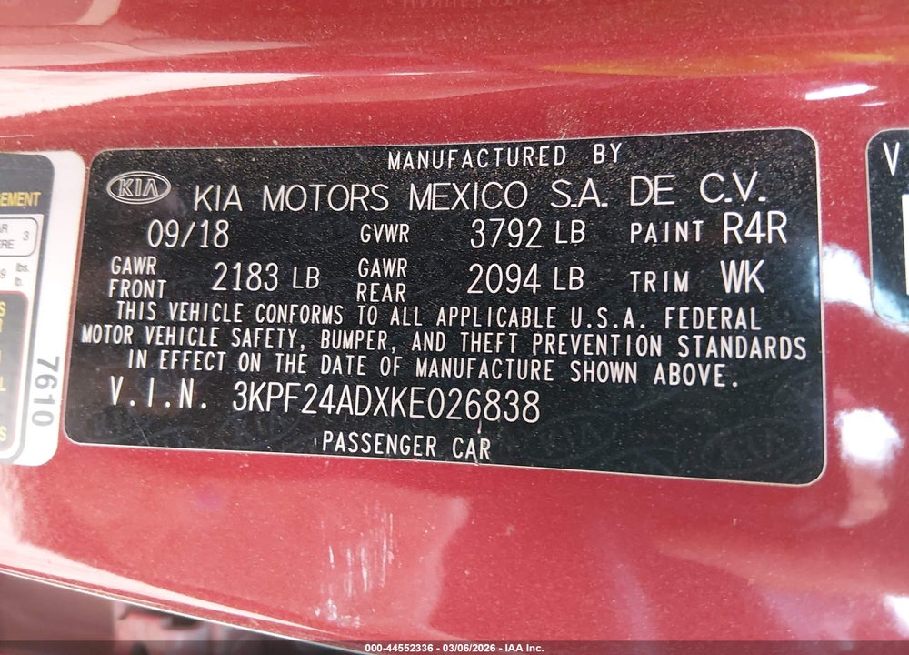 2019 KIA FORTE LXS VIN: 3KPF24ADXKE026838