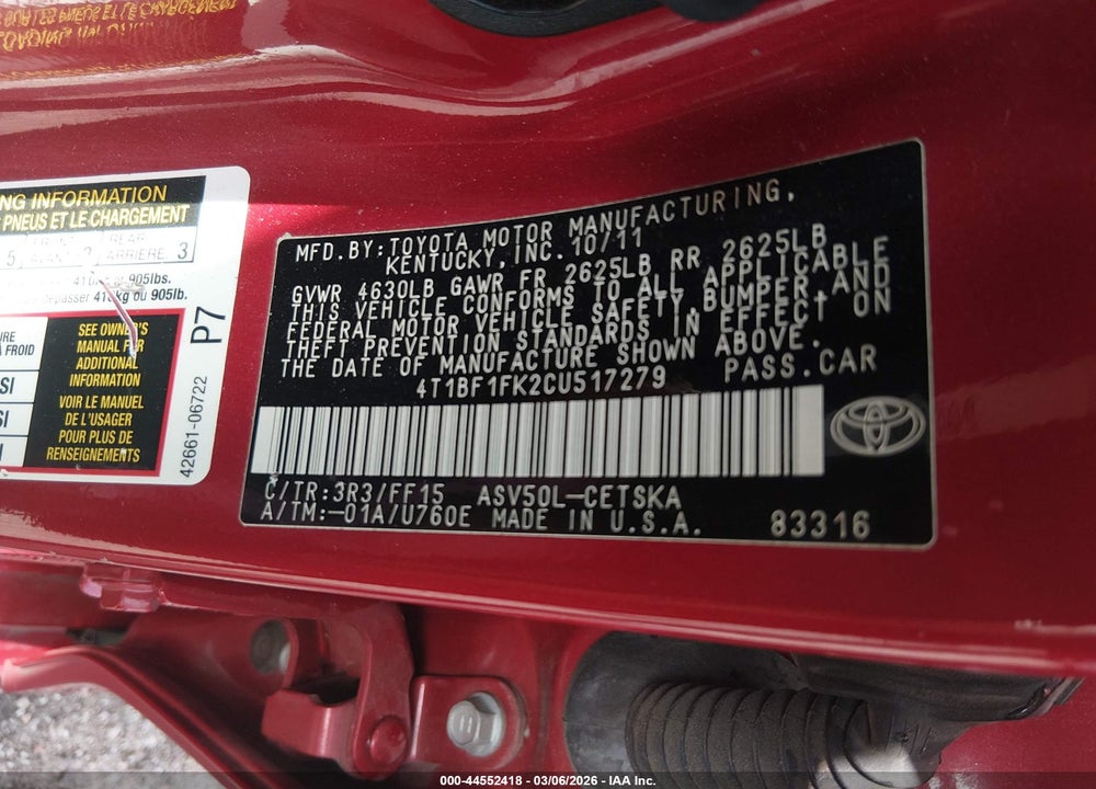 2012 TOYOTA CAMRY SE VIN: 4T1BF1FK2CU517279