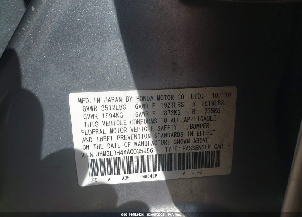 2010 HONDA FIT SPORT VIN: JHMGE8H4XAC035956