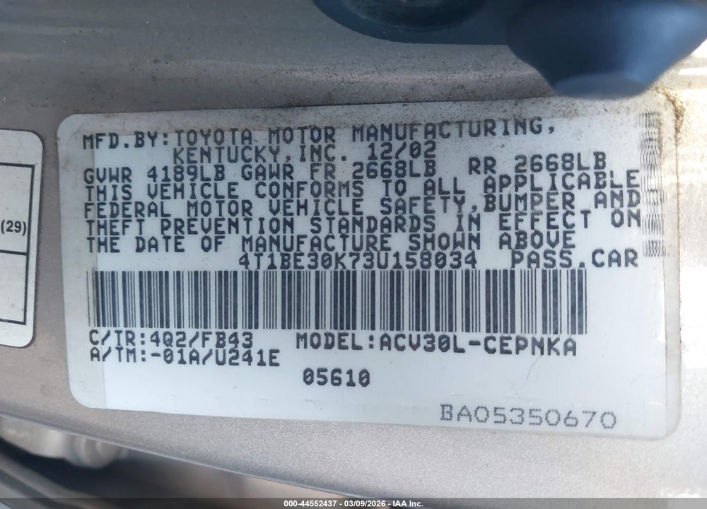 2003 TOYOTA CAMRY LE VIN: 4T1BE30K73U158034