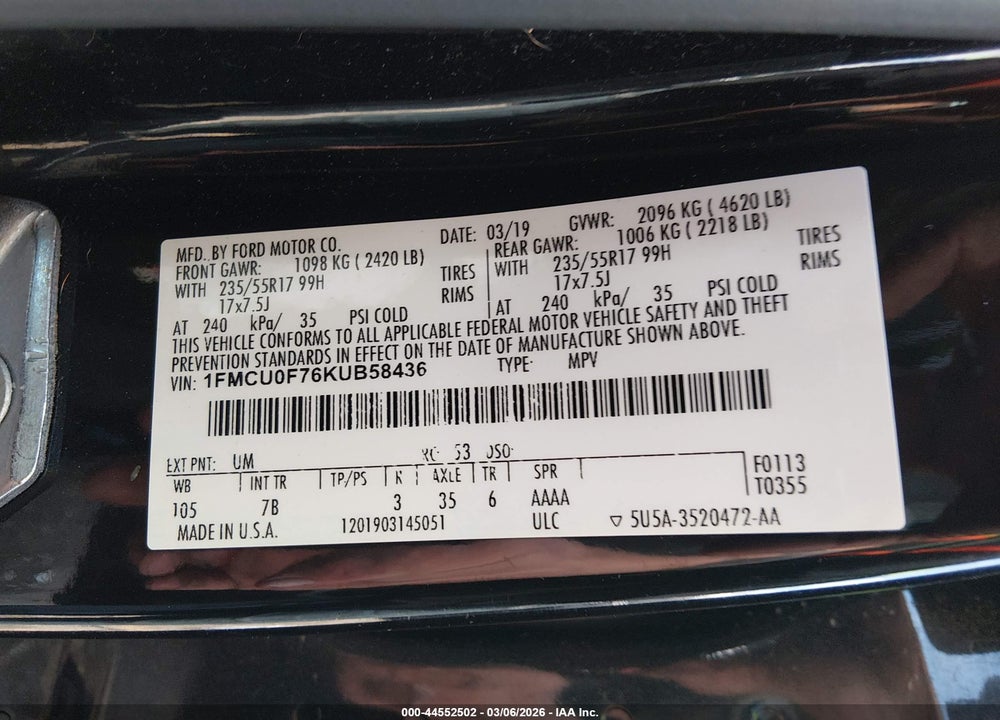 2019 FORD ESCAPE S VIN: 1FMCU0F76KUB58436
