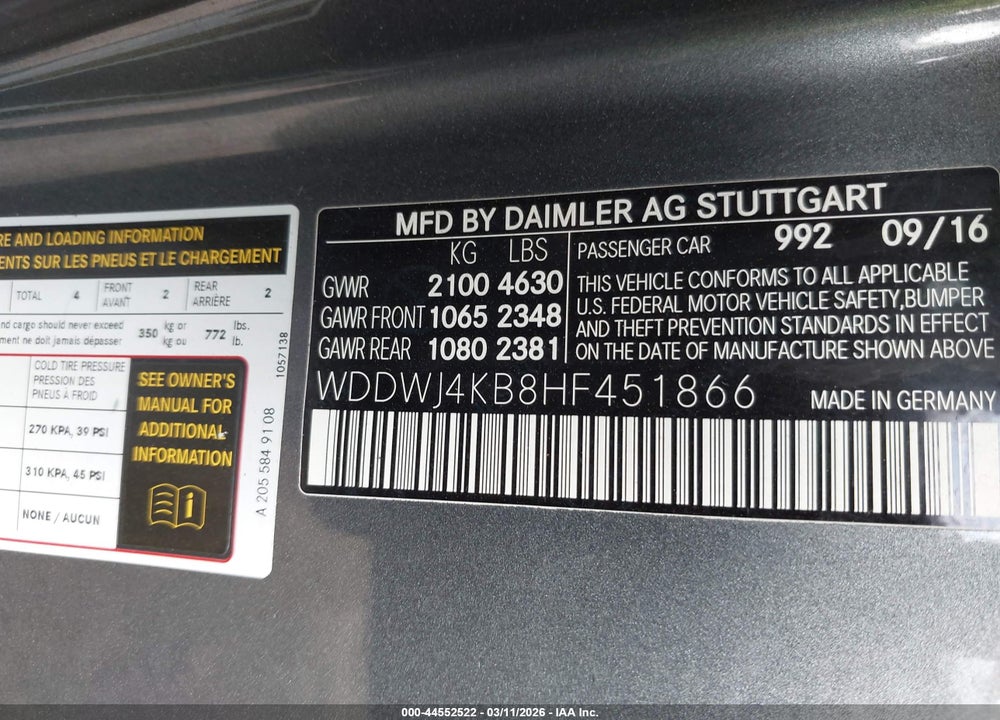 2017 MERCEDES-BENZ C 300 4MATIC VIN: WDDWJ4KB8HF451866