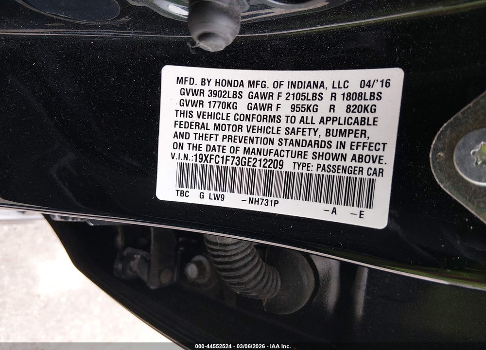 2016 HONDA CIVIC EX-L VIN: 19XFC1F73GE212209