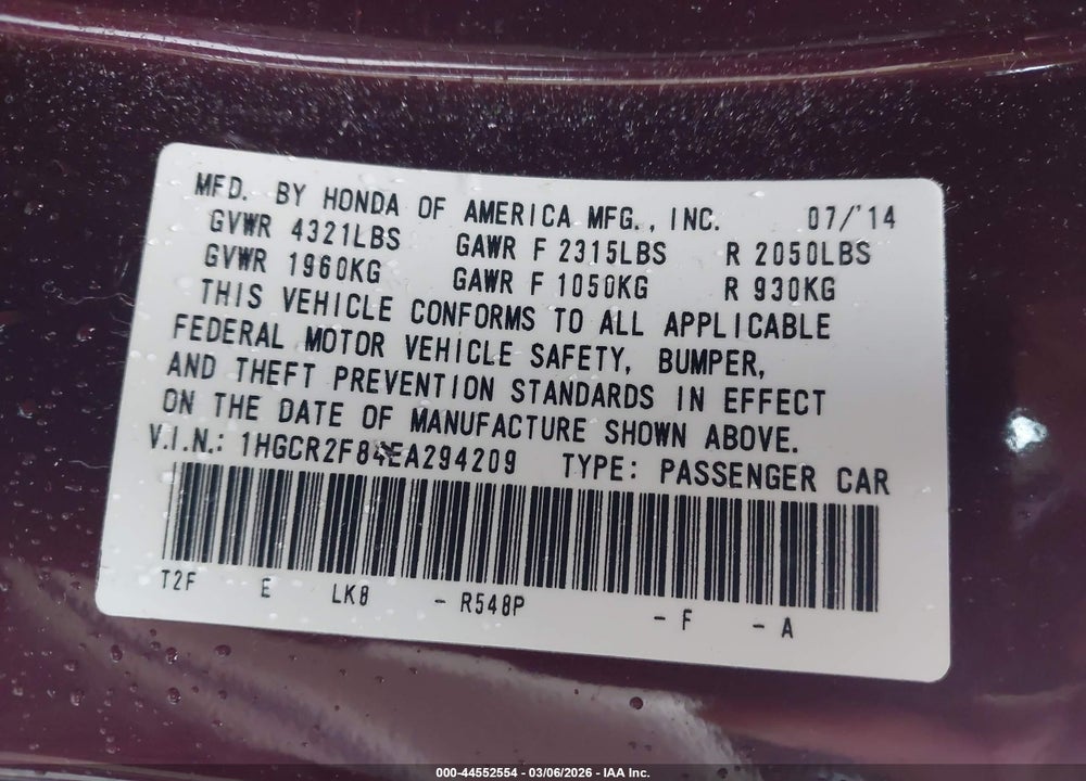 2014 HONDA ACCORD EX-L VIN: 1HGCR2F84EA294209