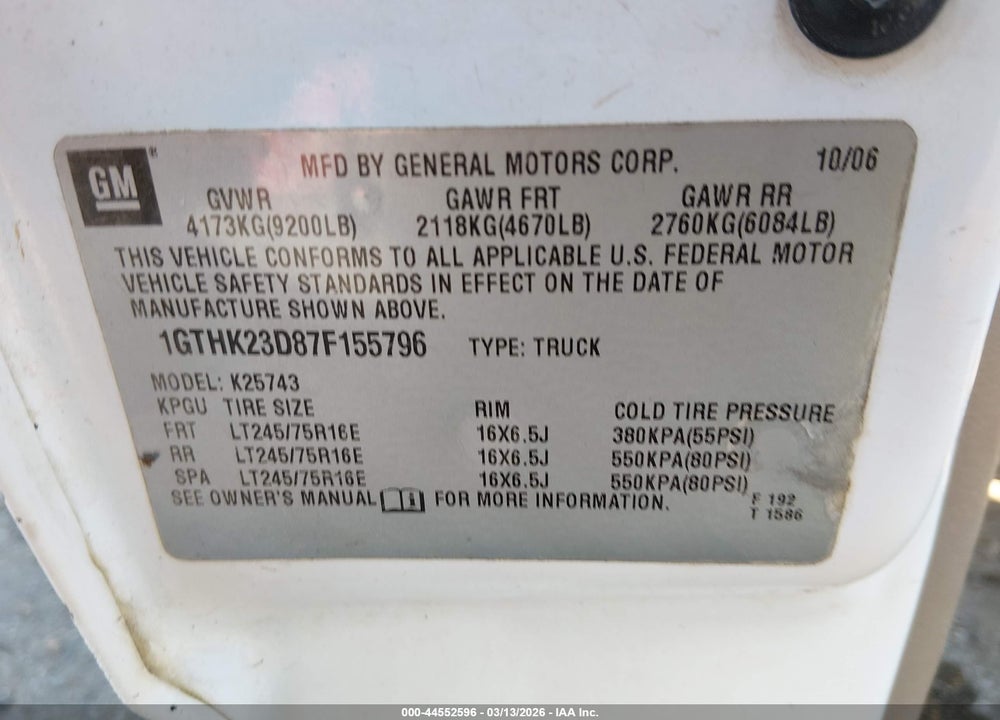 2007 GMC SIERRA 2500HD CLASSIC SLT VIN: 1GTHK23D87F155796