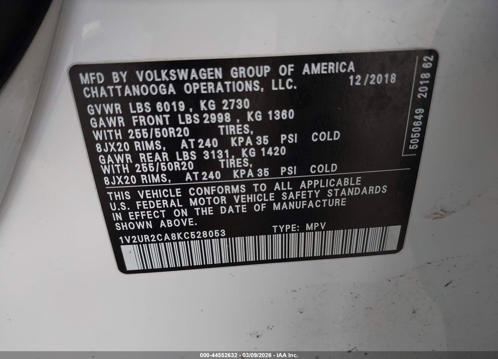 2019 VOLKSWAGEN ATLAS 3.6L V6 SE W/TECHNOLOGY VIN: 1V2UR2CA8KC528053