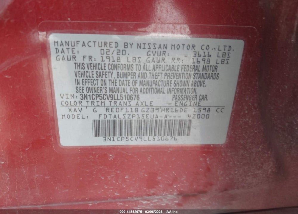 2020 NISSAN KICKS SV XTRONIC CVT VIN: 3N1CP5CV9LL510676