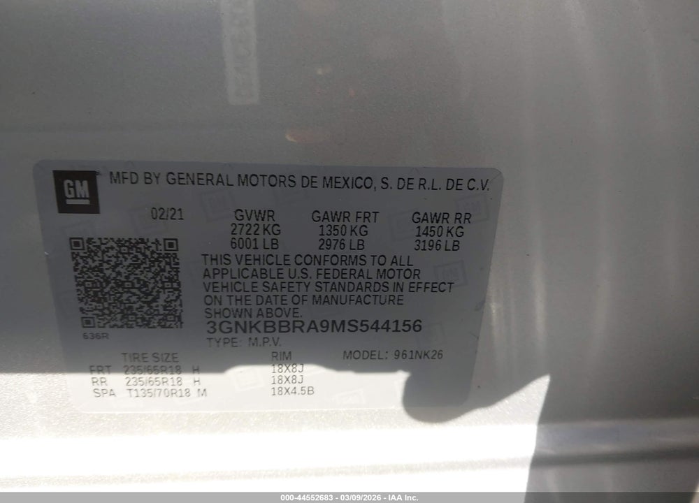 2021 CHEVROLET BLAZER FWD 1LT VIN: 3GNKBBRA9MS544156