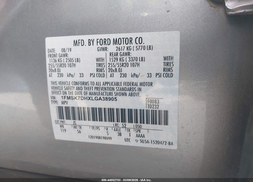 2020 FORD EXPLORER XLT VIN: 1FMSK7DHXLGA38905