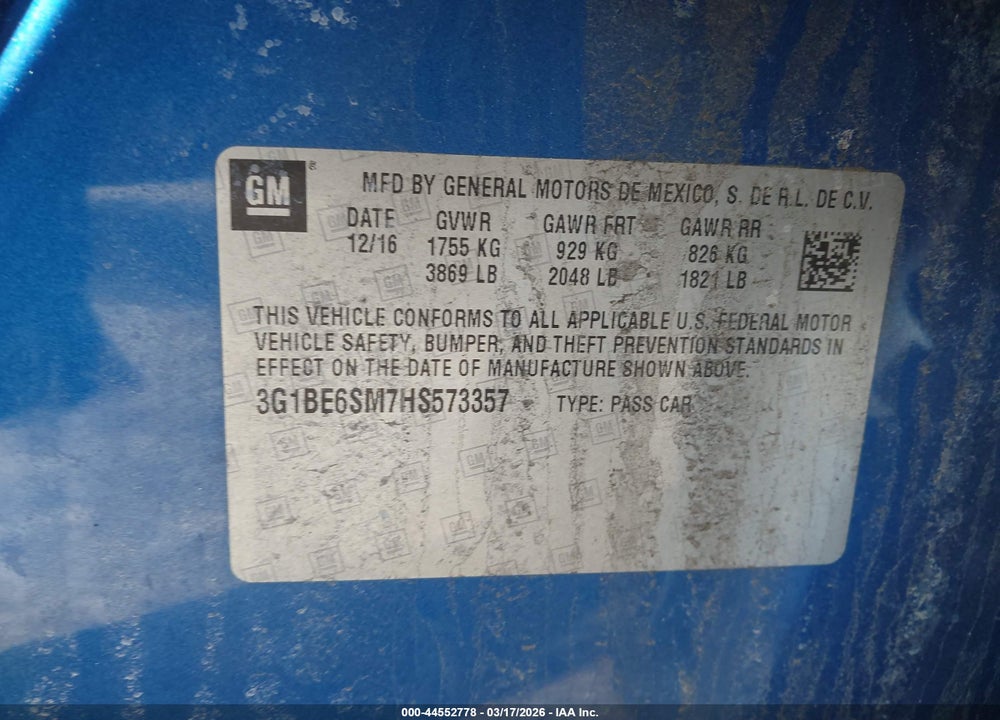 2017 CHEVROLET CRUZE LT AUTO VIN: 3G1BE6SM7HS573357