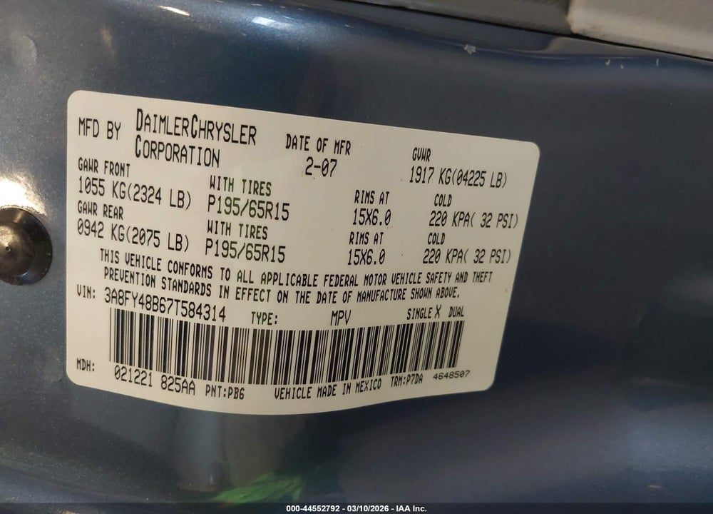 2007 CHRYSLER PT CRUISER VIN: 3A8FY48B67T584314