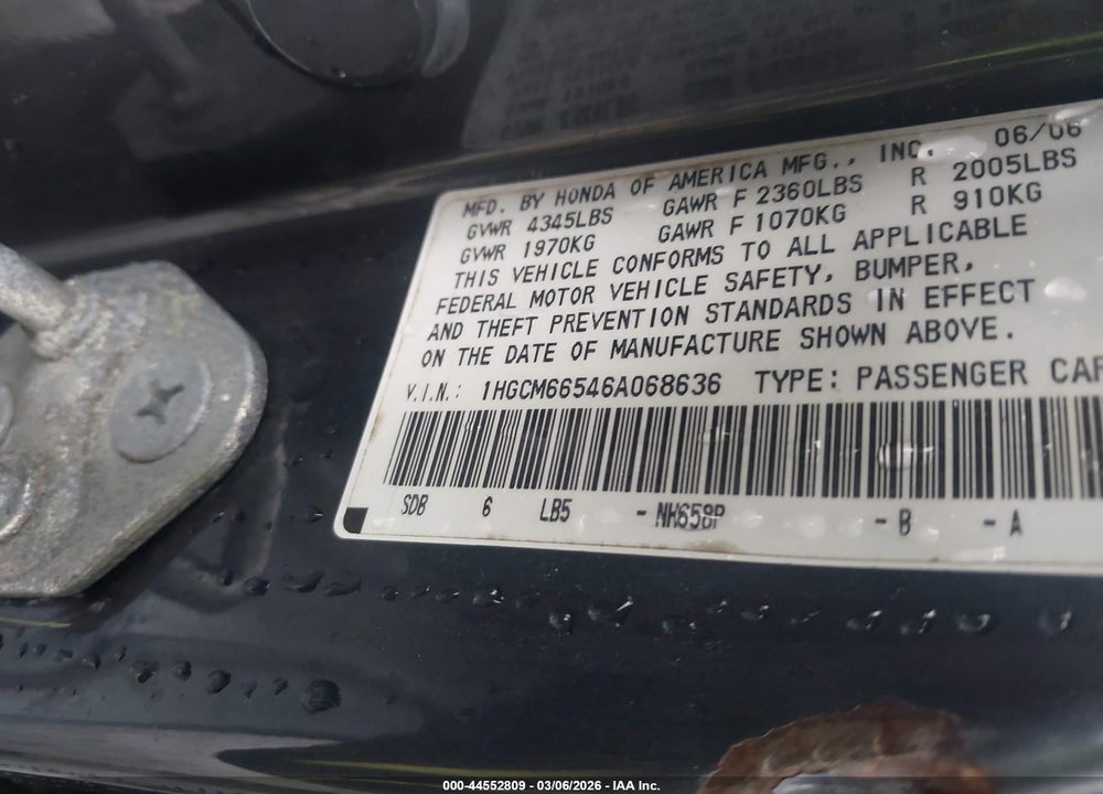 2006 HONDA ACCORD 3.0 EX VIN: 1HGCM66546A068636