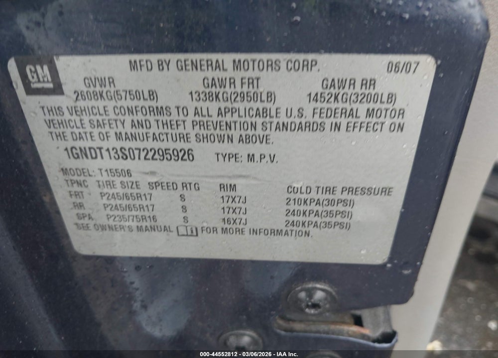 2007 CHEVROLET TRAILBLAZER LS VIN: 1GNDT13S072295926