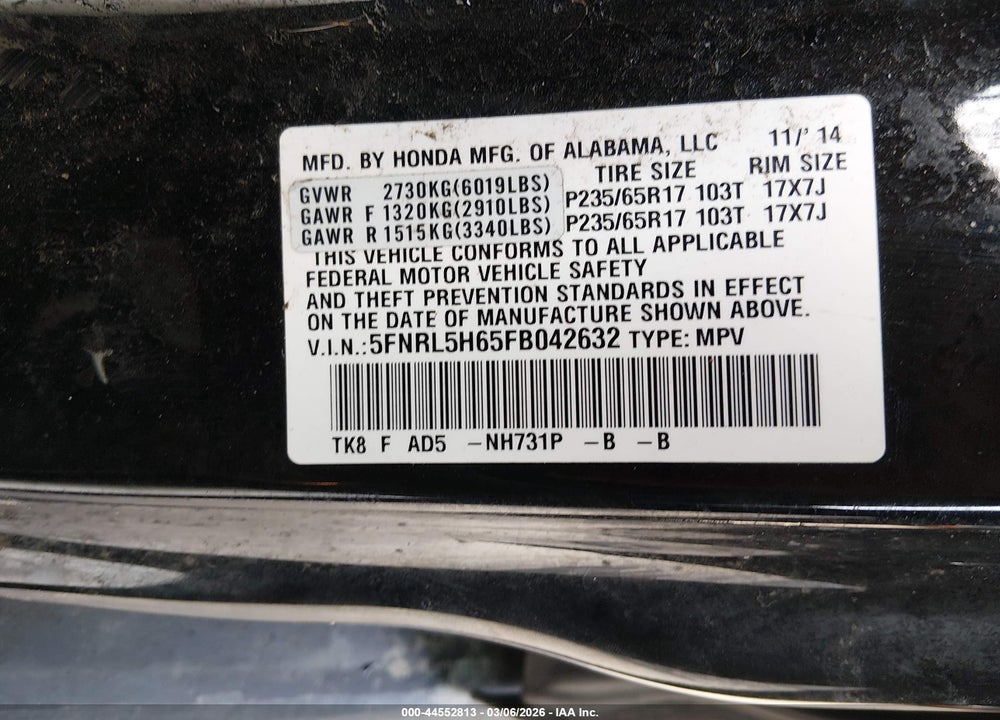 2015 HONDA ODYSSEY EX-L VIN: 5FNRL5H65FB042632
