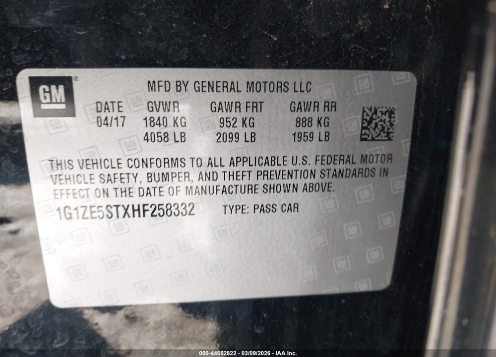 2017 CHEVROLET MALIBU 1LT VIN: 1G1ZE5STXHF258332