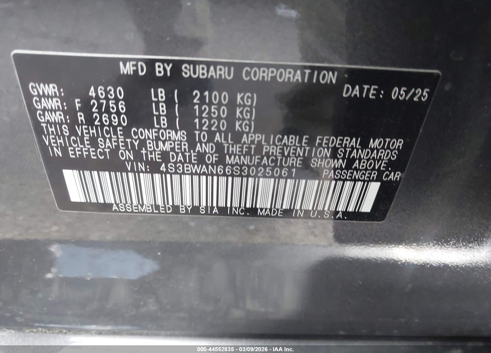 2025 SUBARU LEGACY LIMITED VIN: 4S3BWAN66S3025061