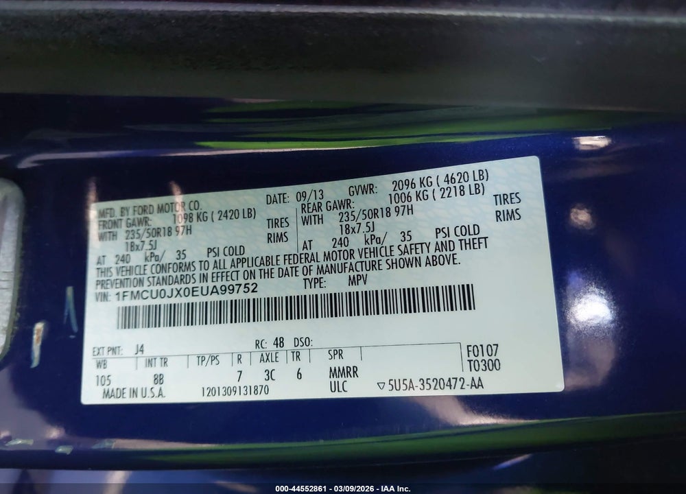 2014 FORD ESCAPE TITANIUM VIN: 1FMCU0JX0EUA99752