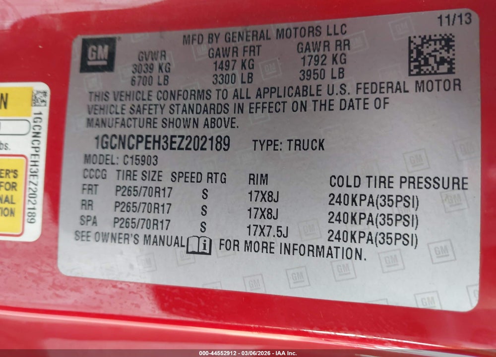 2014 CHEVROLET SILVERADO 1500 WORK TRUCK 1WT VIN: 1GCNCPEH3EZ202189