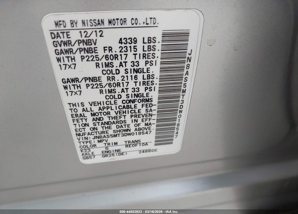 2013 NISSAN ROGUE SV VIN: JN8AS5MT3DW018547