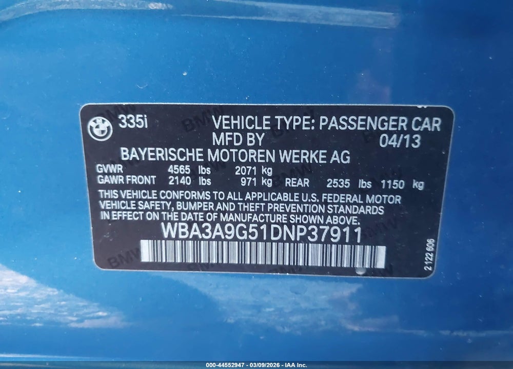 2013 BMW 335I VIN: WBA3A9G51DNP37911