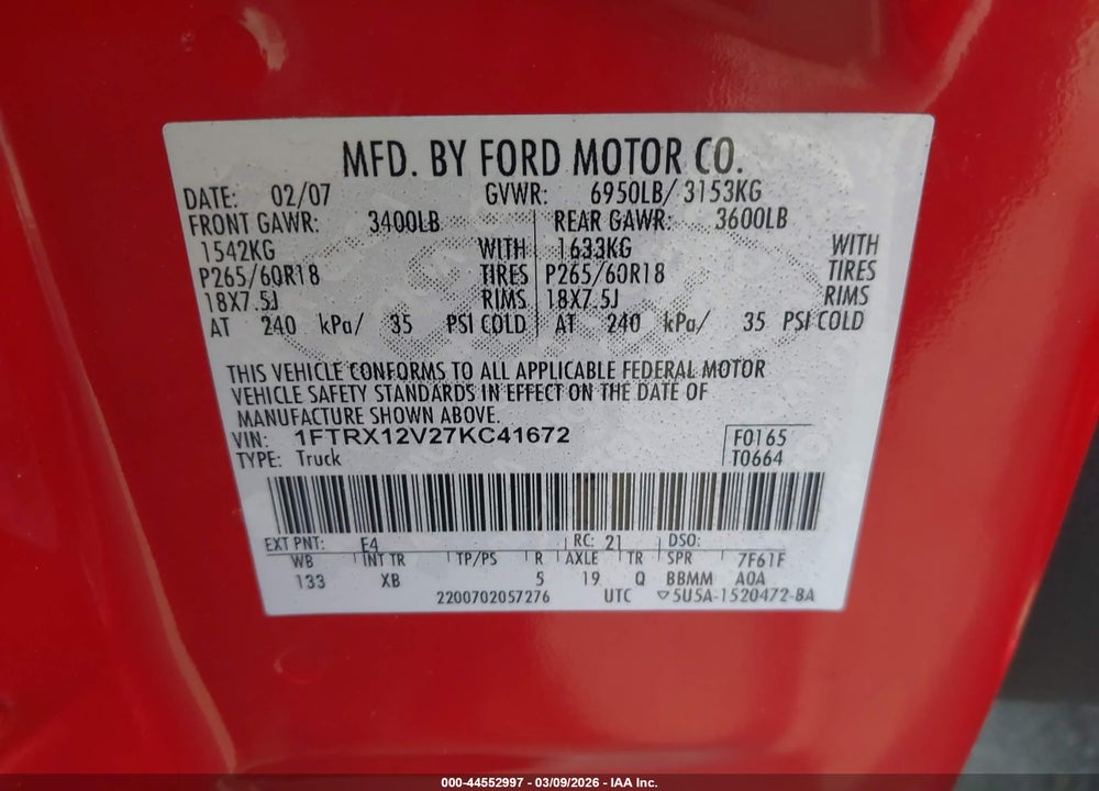 2007 FORD F-150 LARIAT/XLT VIN: 1FTRX12V27KC41672