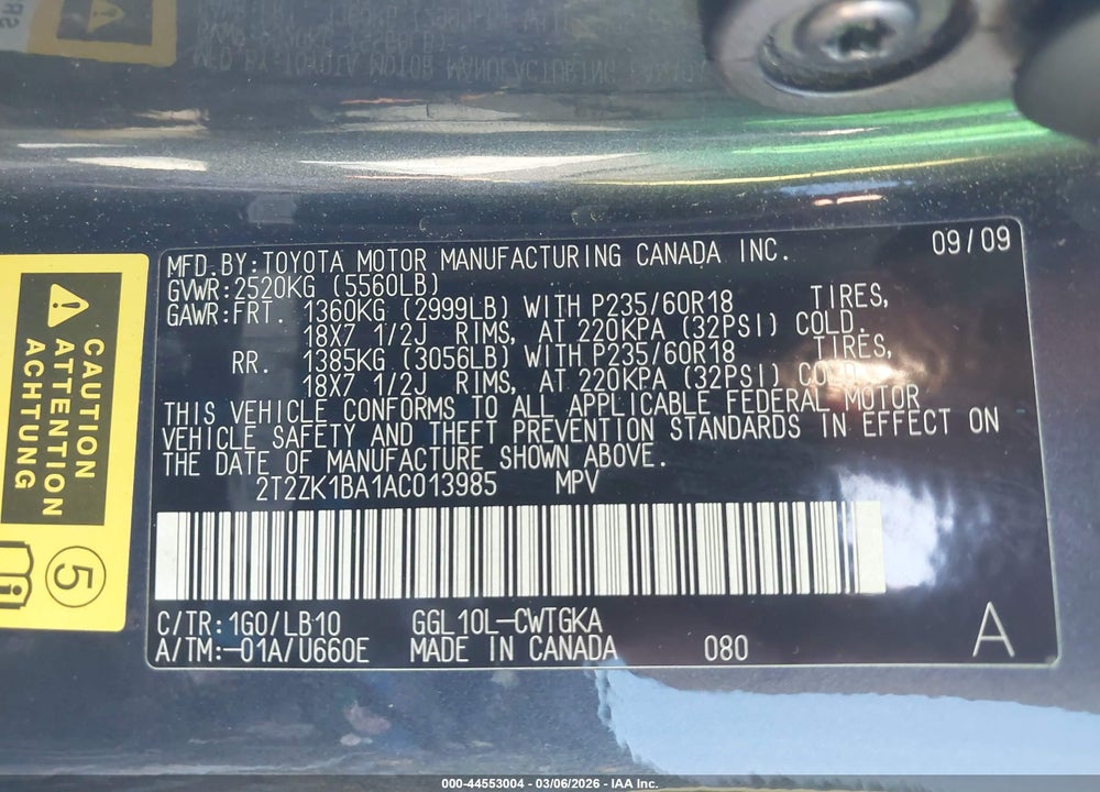 2010 LEXUS RX 350 VIN: 2T2ZK1BA1AC013985