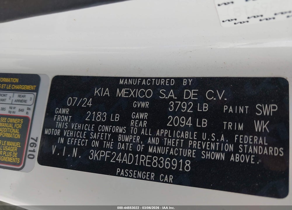 2024 KIA FORTE LXS VIN: 3KPF24AD1RE836918