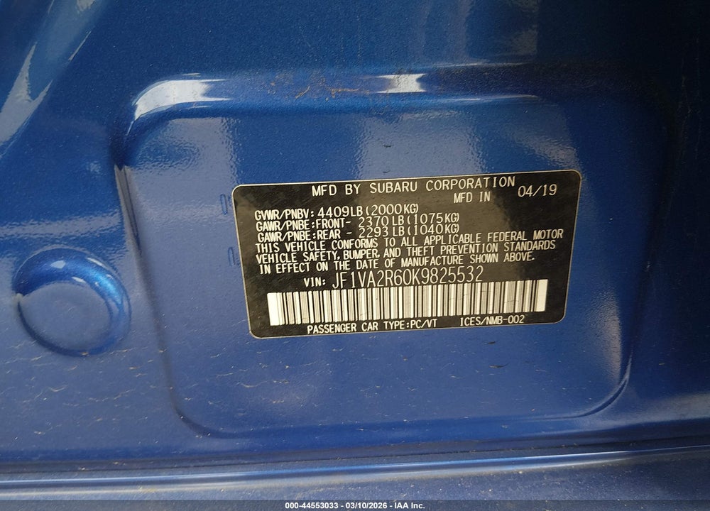 2019 SUBARU WRX STI VIN: JF1VA2R60K9825532