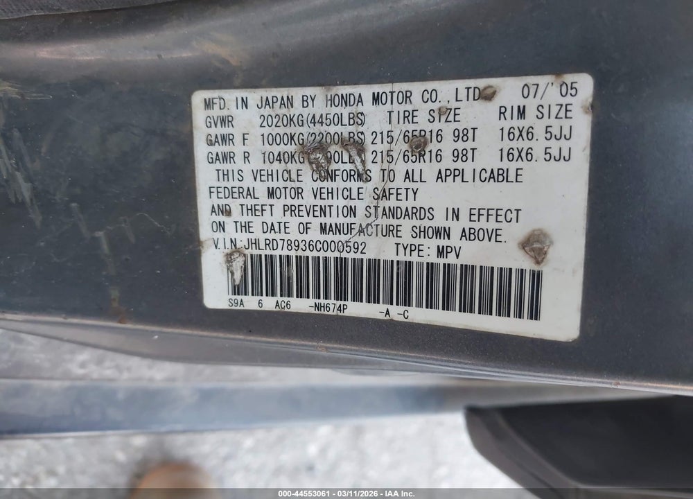 2006 HONDA CR-V SE VIN: JHLRD78936C000592