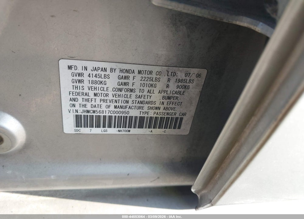2007 HONDA ACCORD 2.4 EX VIN: JHMCM56817C000950
