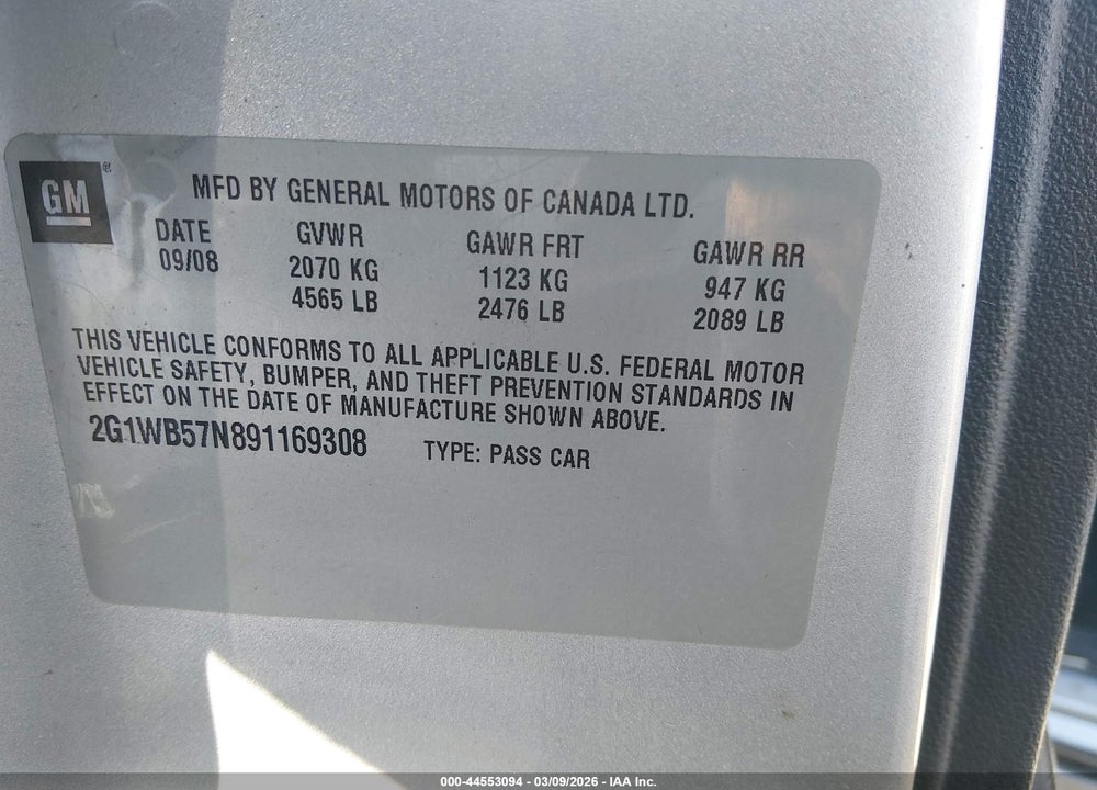 2009 CHEVROLET IMPALA LS VIN: 2G1WB57N891169308