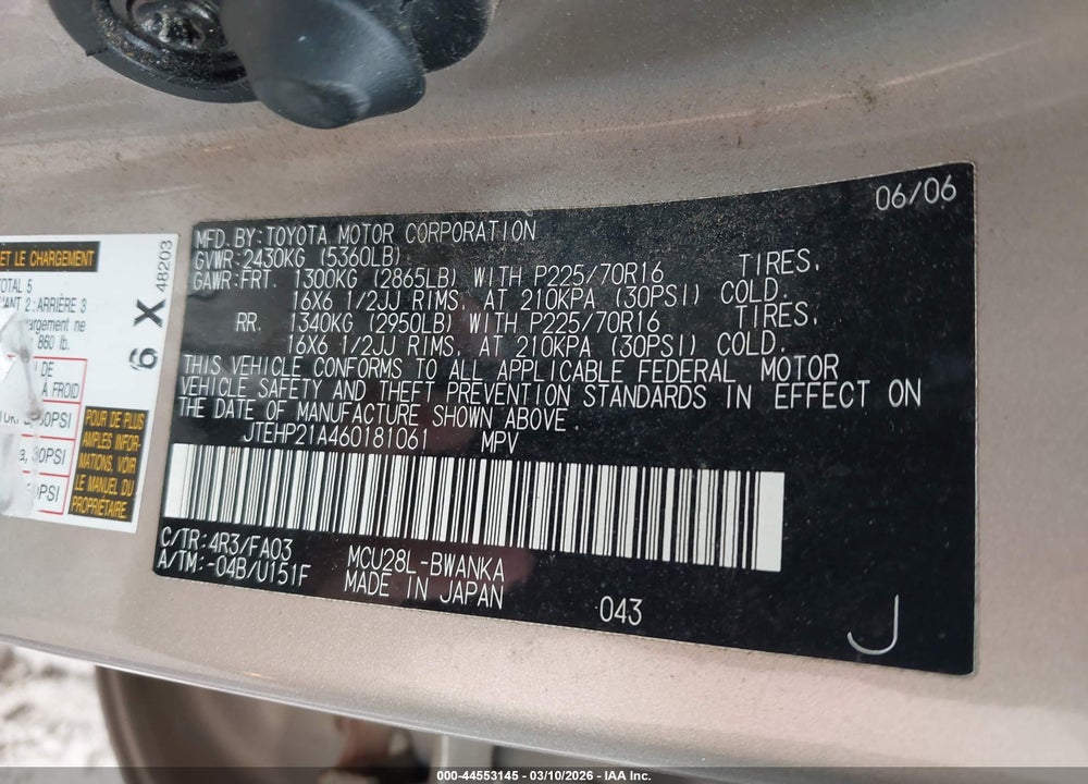 2006 TOYOTA HIGHLANDER V6 VIN: JTEHP21A460181061