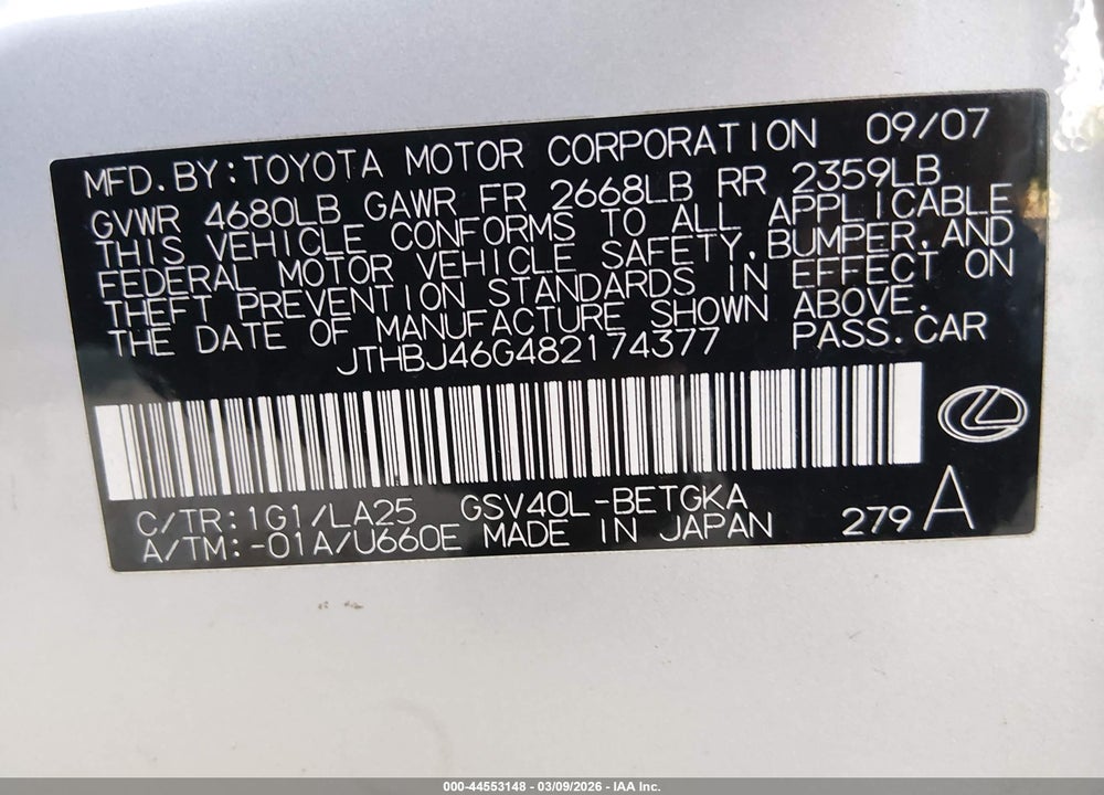 2008 LEXUS ES 350 VIN: JTHBJ46G482174377