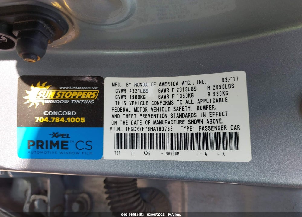 2017 HONDA ACCORD EX VIN: 1HGCR2F76HA183785
