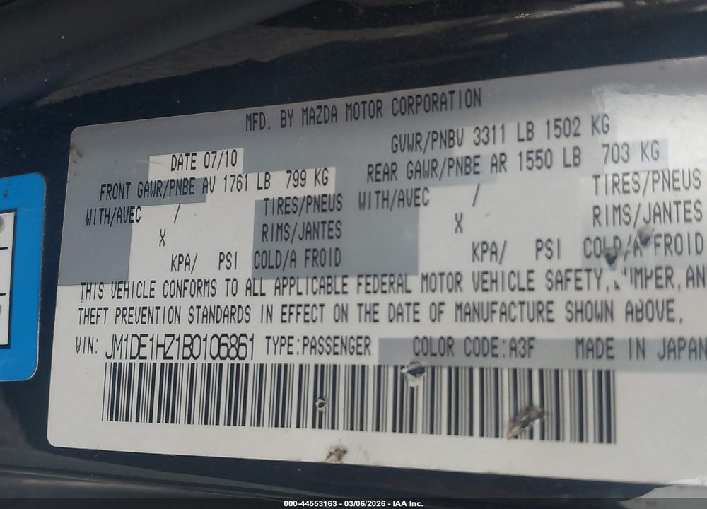 2011 MAZDA 2 SPORT VIN: JM1DE1HZ1B0106861