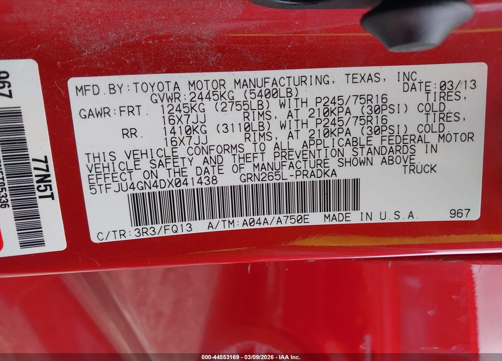 2013 TOYOTA TACOMA PRERUNNER V6 VIN: 5TFJU4GN4DX041438