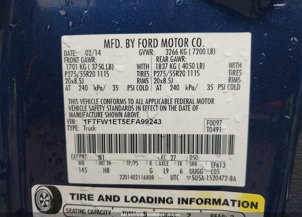 2014 FORD F-150 LARIAT VIN: 1FTFW1ET5EFA99243