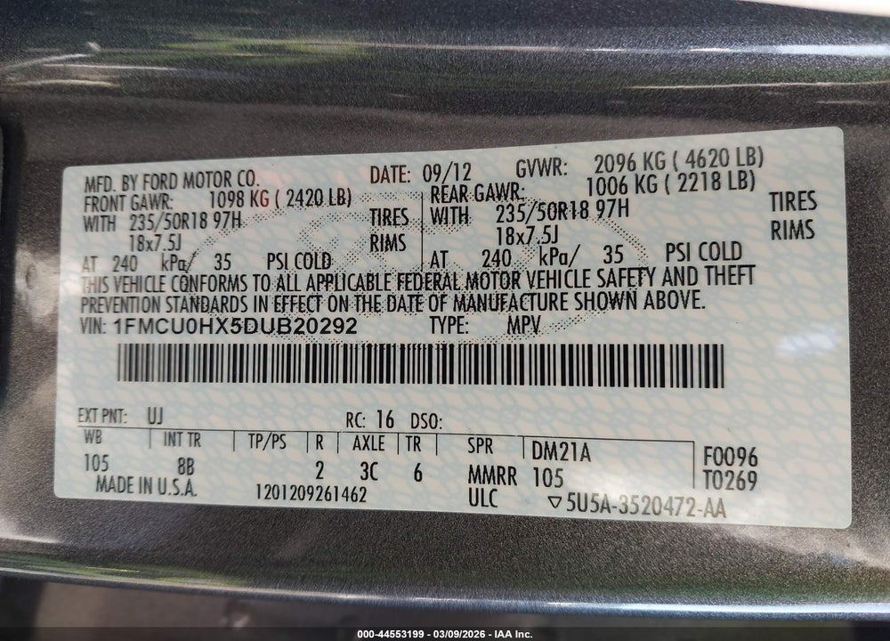 2013 FORD ESCAPE SEL VIN: 1FMCU0HX5DUB20292