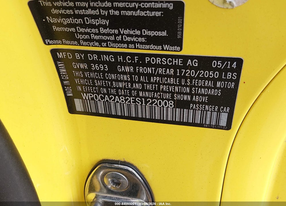 2014 PORSCHE BOXSTER VIN: WP0CA2A82ES122008