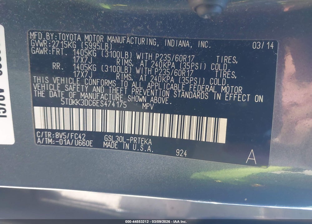 2014 TOYOTA SIENNA LE V6 8 PASSENGER VIN: 5TDKK3DC6ES474175
