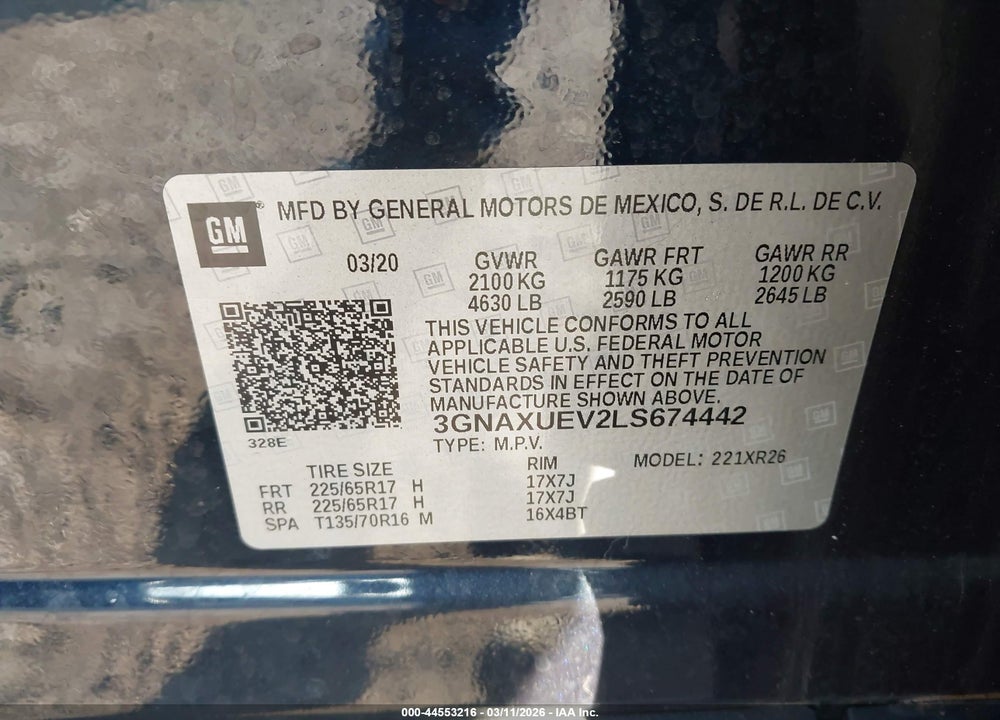 2020 CHEVROLET EQUINOX AWD LT 1.5L TURBO VIN: 3GNAXUEV2LS674442