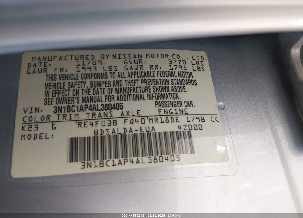 2010 NISSAN VERSA 1.8S VIN: 3N1BC1AP4AL380405